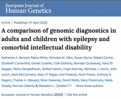 Screenshot of European Journal of Human Genetics paper, A Comparison of Genomic Diagnostics in Adults and Children with Epilepsy and Comorbid Intellectual Diasbility