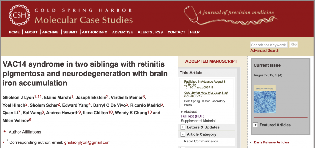 VAC14 syndrome study in Cold Springs Harbor Molecular Case Studies
